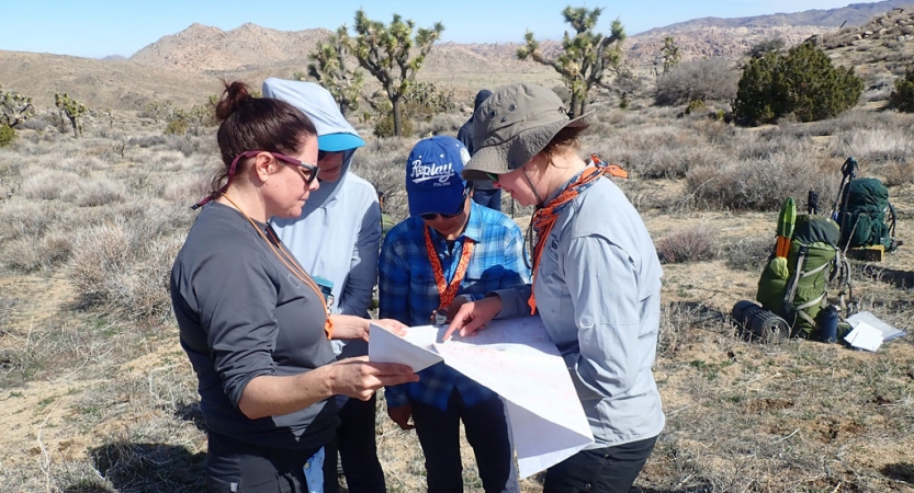 Four people huddle around a map while they examine it. Their backpacks lay on the ground in the background